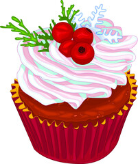 Realistic colorful cupcake with pastel cream, berries, snowflake and pine branch template. Bright Christmas cartoon food vector illustration for games, background, pattern, decor. Print for fabrics