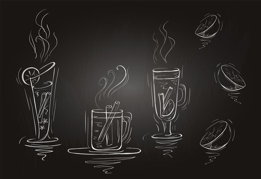 Hand drawn glasses with mulled wine, orange and cinnamon sticks. Isolated beverages on chalkboard.