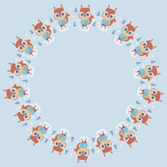 Childish round frame of little cartoon characters of squirrels in clothes skating on ice, Christmas trees with white outlines like stickers on a square light blue background. Lovely rodents. Vector.