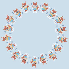 Childish round frame of little cartoon characters of squirrels in clothes skating on ice, Christmas trees with white outlines like stickers on a square light blue background. Lovely rodents. Vector.