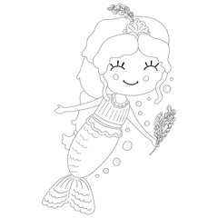 Children's black and white illustration of cartoon beautiful little cheerful girl mermaid with long hair combed in pigtail, holding bouquet of seaweed and bubbles. Nursery design, coloring. Vector.