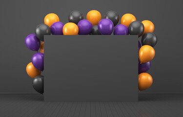 Black balloons in a black  interior around a black  board. 3d render illustration. Illustrations for advertising.