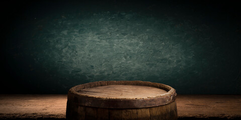Fototapeta premium background of barrel and worn old table of wood
