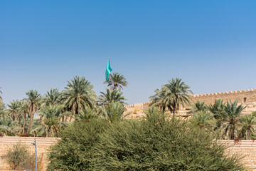 Fototapeta na wymiar Date trees and ruins of Diraiyah clay castle, also as Dereyeh and Dariyya, a town in Riyadh, Saudi Arabia, was the original home of the Saudi royal family, and the capital of the Emirate of Diriyah.
