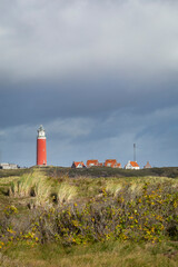 Fototapeta na wymiar Vertical landscape with scenic view of Lighthouse and rainy clouds at Waddenisland Texel, North Holland, Netherlands