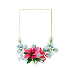 Christmas eucalyptus poinsettia Geometric gold foil frame. Spruce branches, flowers. Rectangle polygonal frame. Watercolor high quality winter clipart. Elegant  wedding frame. Merry Christmas