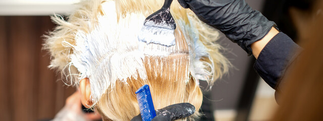Back view of hands of hair stylist dyeing hair of young woman in white color in hair salon