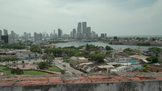 Looking from Castillo de San Felipe de Barajas to down town beach front city sky line in Cardigan Colombia harbor.
