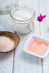 skin care products on white wood