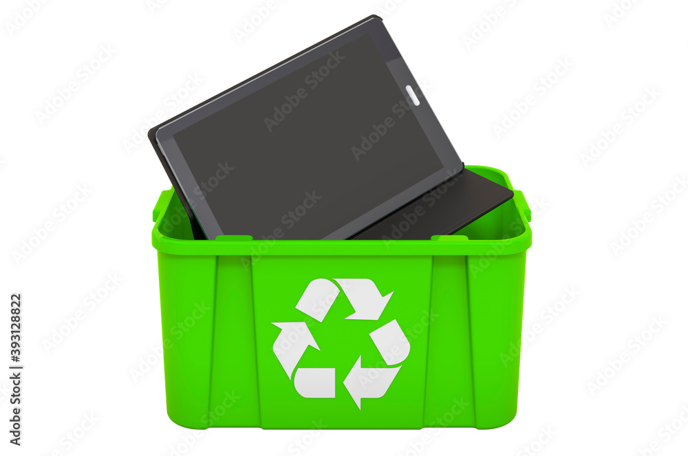 Poster Recycling trashcan with tablet computer, 3D rendering