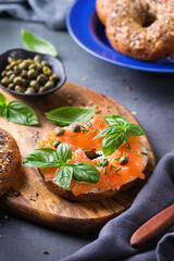 Plating, fast lunch, meal. Bagels with cream cheese and salmon