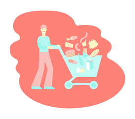 A man with a shopping trolley. Vector color flat isolated illustration for grocery supermarket.