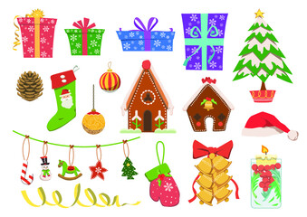 christmas icons set, Flat vector set of colorful items related to Christmas and New Year theme. Santa Claus, toys, gifts and tree. Elements.