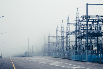 Power plant - transformation station. Multitude of cables and wires
