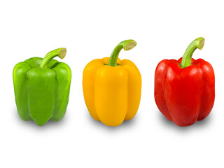 set of green, yellow and red bell peppers, isolated on white background with clipping path.