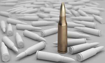 Single Metal  cartridge on background of a white ammo for fire weapon. 3D illustration