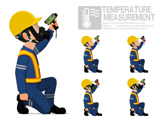 Set of industrial worker using pyrometer for measuring temperature.