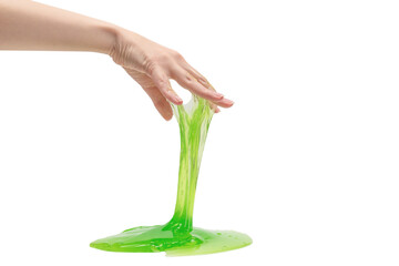 Green slime toy in woman hand isolated on white background.