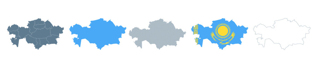 Kazakhstan Map Set - Vector Solid, Contour, Regions, Flag, Pixels