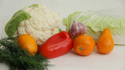 fresh vegetables, cabbage, cauliflower, sweet pepper,garlic, tomatoes, walnuts
