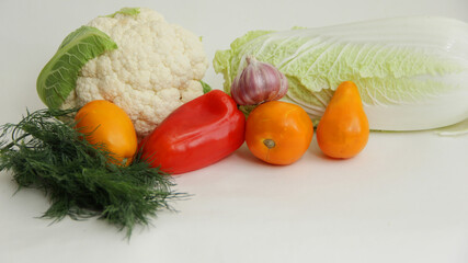 fresh vegetables, cabbage, cauliflower, sweet pepper,garlic, tomatoes, walnuts