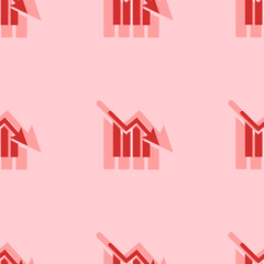 Seamless pattern of large isolated red chart down symbols. The elements are evenly spaced. Vector illustration on light red background