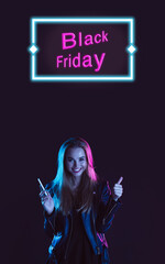 Beautiful woman inviting for shopping in black friday, sales concept. Vertical flyer. Cyber monday and online purchases, negative space for ad. Finance and money. Dark neon background with lettering.