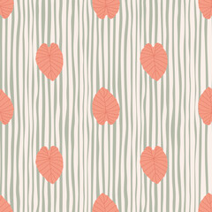 Creative stylized seamless outline leaf silhouettes. Pink pastel light figures on striped grey background.