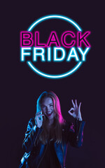 Beautiful woman inviting for shopping in black friday, sales concept. Vertical flyer. Cyber monday and online purchases, negative space for ad. Finance and money. Dark neon background with lettering.