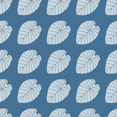 Nature seamless doodle pattern with light blue contoured leaves. Foliage print with bright background.
