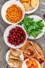 Trendy Virus protection food, coronavirus, immunity concept.