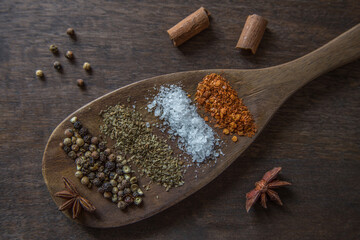 Spices in a wooden spoon. Set of spices on a dark wooden background. Indian food. Pepper, salt, cloves, basil, cardamom. View from above.