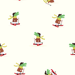 Vector winter seamless pattern with skiing crocodiles. Winter sport outside  on  the white snow background. Simple and stylish Scandinavian repeat texture.