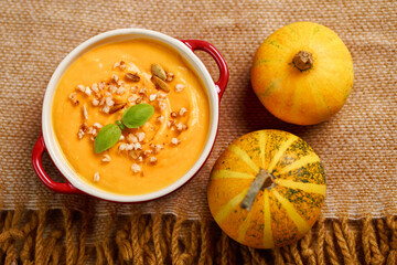 Pumpkin soup, pumpkins - food autumn concept background