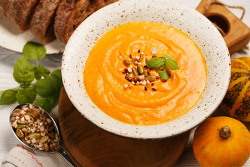 Pumpkin soup, pumpkins - food autumn concept background