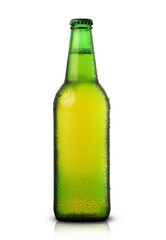 full green bottle with beer in drops
