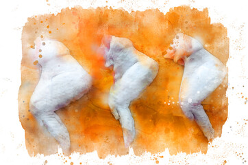 Raw chicken wings on a wooden board, watercolor top view.