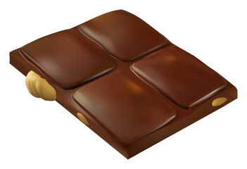 Chocolate bar piece with whole big hazelnuts. Realistic vector illustration. Candy isolated on white