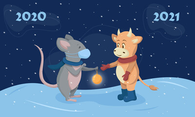 Fototapeta premium The rat passes the New Year's toy to the bull as a symbol of the new year. Merry Christmas and happy new year 2021. Vector illustration in flat style.
