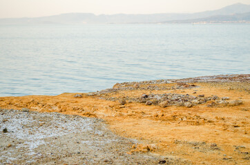 Panorama of the sea from a place with thermal water in Pefki on the island of Evia, Greece 