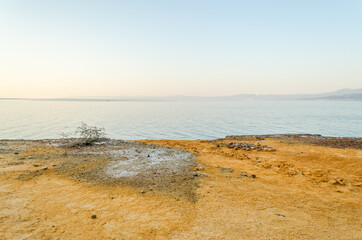 Panorama of the sea from a place with thermal water in Pefki on the island of Evia, Greece 