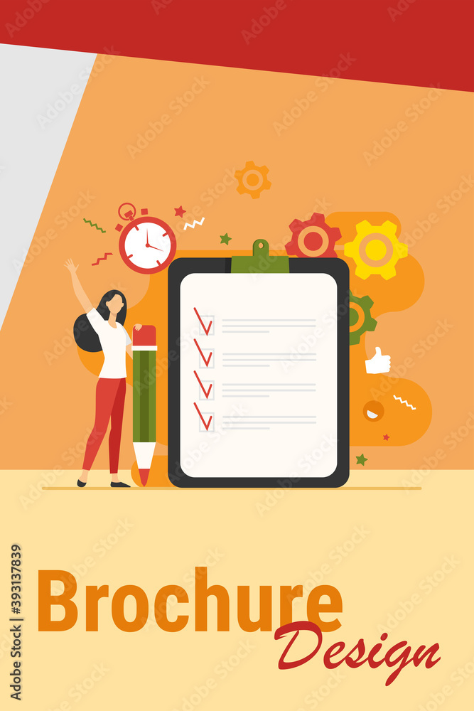 Aufkleber checklist or survey concepts. woman with pencil checking boxes in task list. vector illustration for