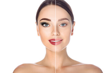 Before and after remove makeup. Woman face with makeup and without on white background