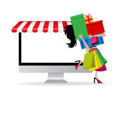 Vector illustration of monitor with tent and girl with bags on her hand and a bunch of gifts. Vector illustration isolated on white background. Online store concept. Eps flat horizontal image.