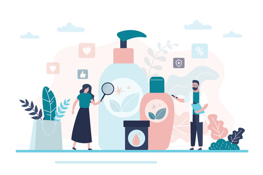 Woman with magnifying glass chooses organic cosmetics. Medical professional helps girl with choice of natural products skincare - Powered by Adobe