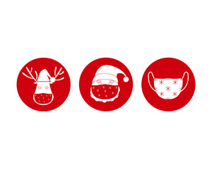 Santa Claus and reindeer in protective masks. Pandemic Christmas symbols. Vector icon isolated on white background. Vector illustration EPS 10