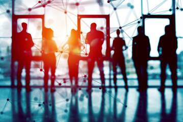 Business people silhouette looking out of the office. Double exposure with network effetct