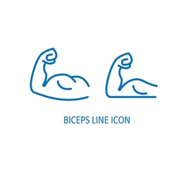 Flexing bicep muscle strength or power line art vector icon for exercise apps and websites
