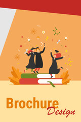 Happy students graduating with academic diploma flat vector illustration. Cartoon girls and guy celebrating graduation from university or college. Education and learning concept