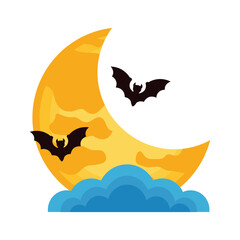 halloween bats flying with moon crescent and clouds